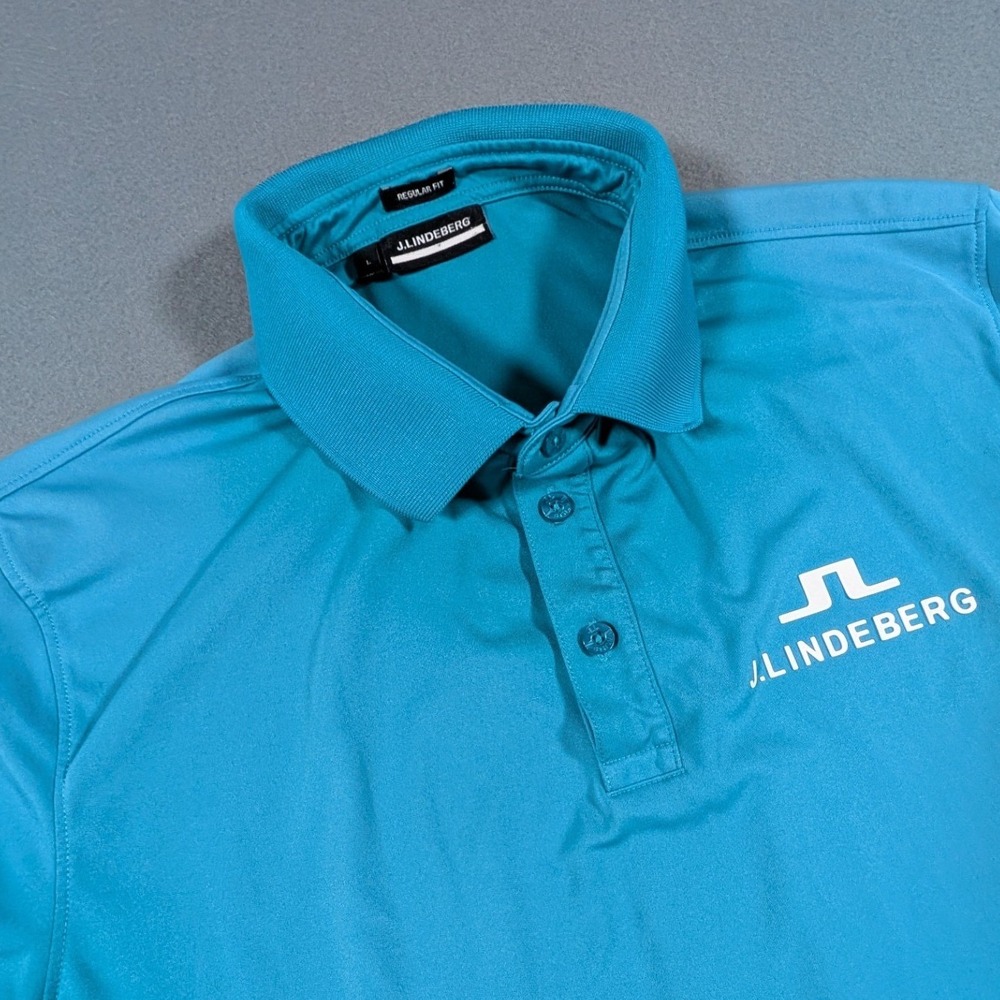 J. Lindeberg Guy Regular Golf Polo Mens Large Blue Short Sleeve Logo GMJT05915